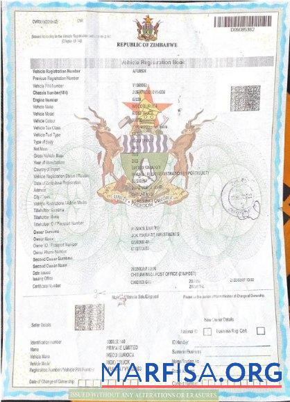 Realistic Zimbabwe vehicle registration certificate real example